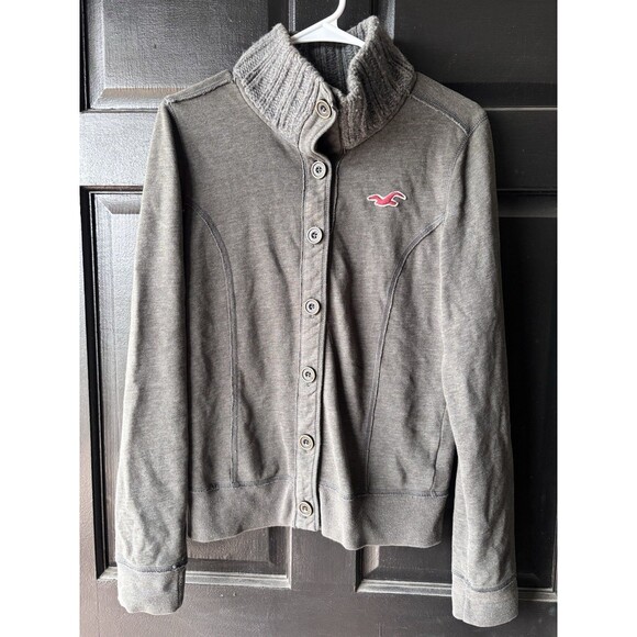 Hollister Gray Button Up Jacket Cardigan Sweater Rib Collar French Terry Fleece - Picture 1 of 10